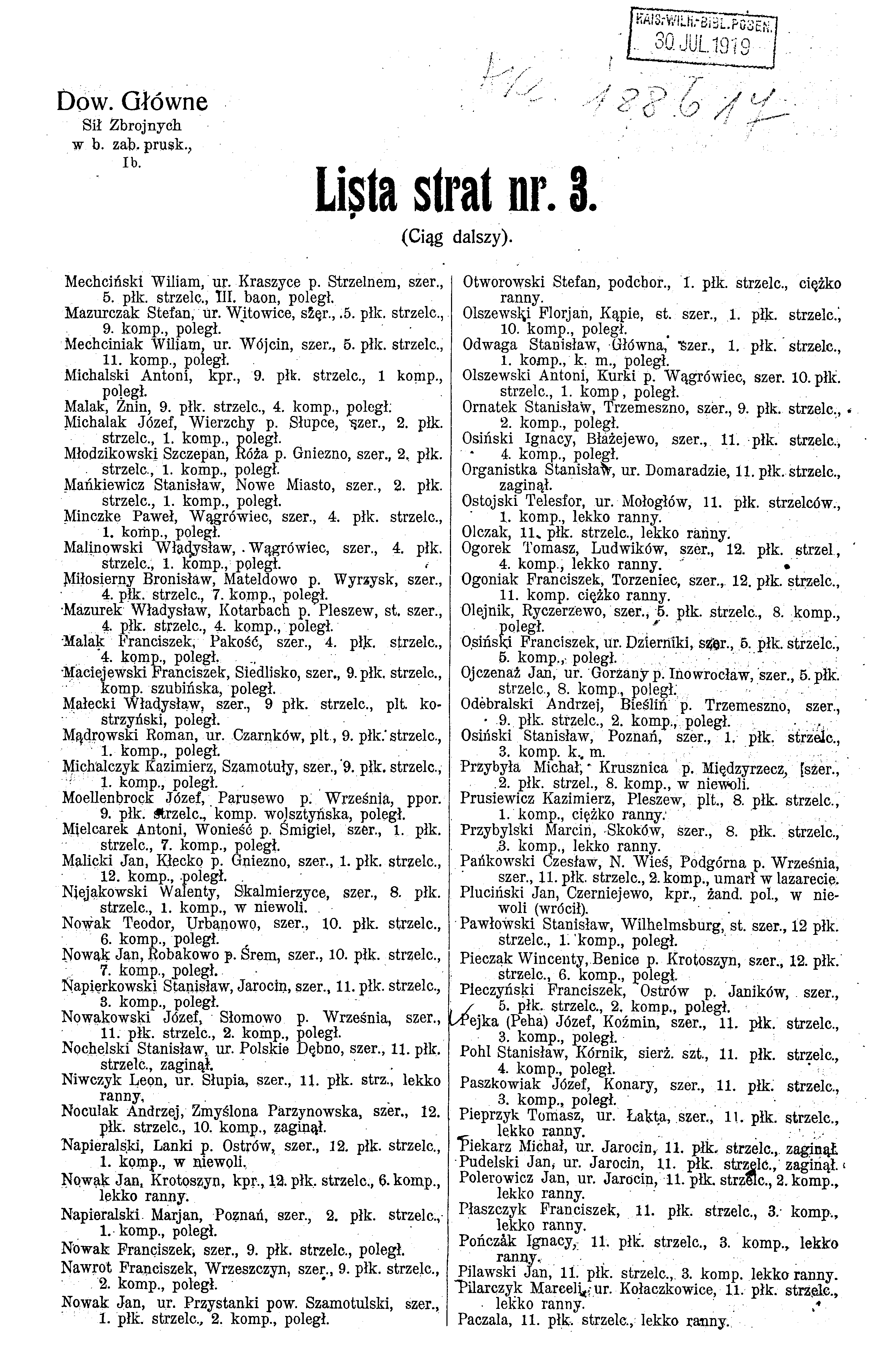 Listy strat Powstania Wielkopolskiego 1918-1919 (od 1 stycznia do 31 maja 1919 roku). Lista strat nr 3 – część 3. Zawiera imiona i nazwiska osób, które zginęły lub zostały ranne w powstaniu wielkopolskim – w tym powstańców zamieszkujących Główną. Ze zbiorów Biblioteki Uniwersyteckiej w Poznaniu