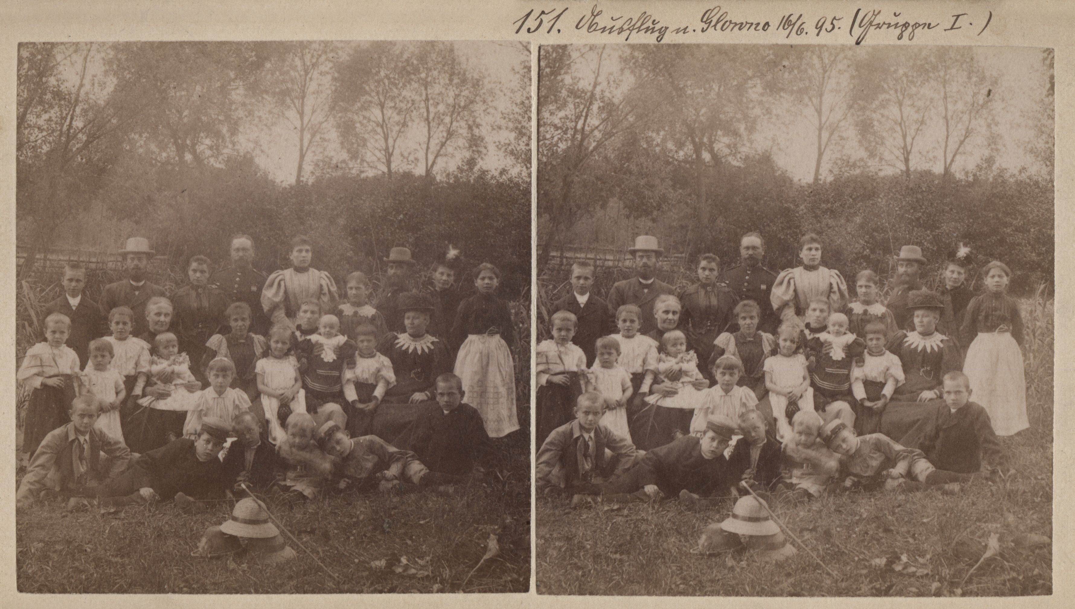 Ausflug nach Glowno, 16.06.1895. Zbiorowa wycieczka rodzinna na Główną pod Poznaniem. Kolekcja fotografii stereoskopowych Kurta Emmericha (fot. nr 151). Ze zbiorów Biblioteki Uniwersyteckiej w Poznaniu.