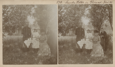 Familie Wolter in Główno, Juni 1895. Rodzina Wolterów na wycieczce na Głównej pod Poznaniem. Kolekcja fotografii stereoskopowych Kurta Emmericha (fot. nr 170). Ze zbiorów Biblioteki Uniwersyteckiej w Poznaniu.