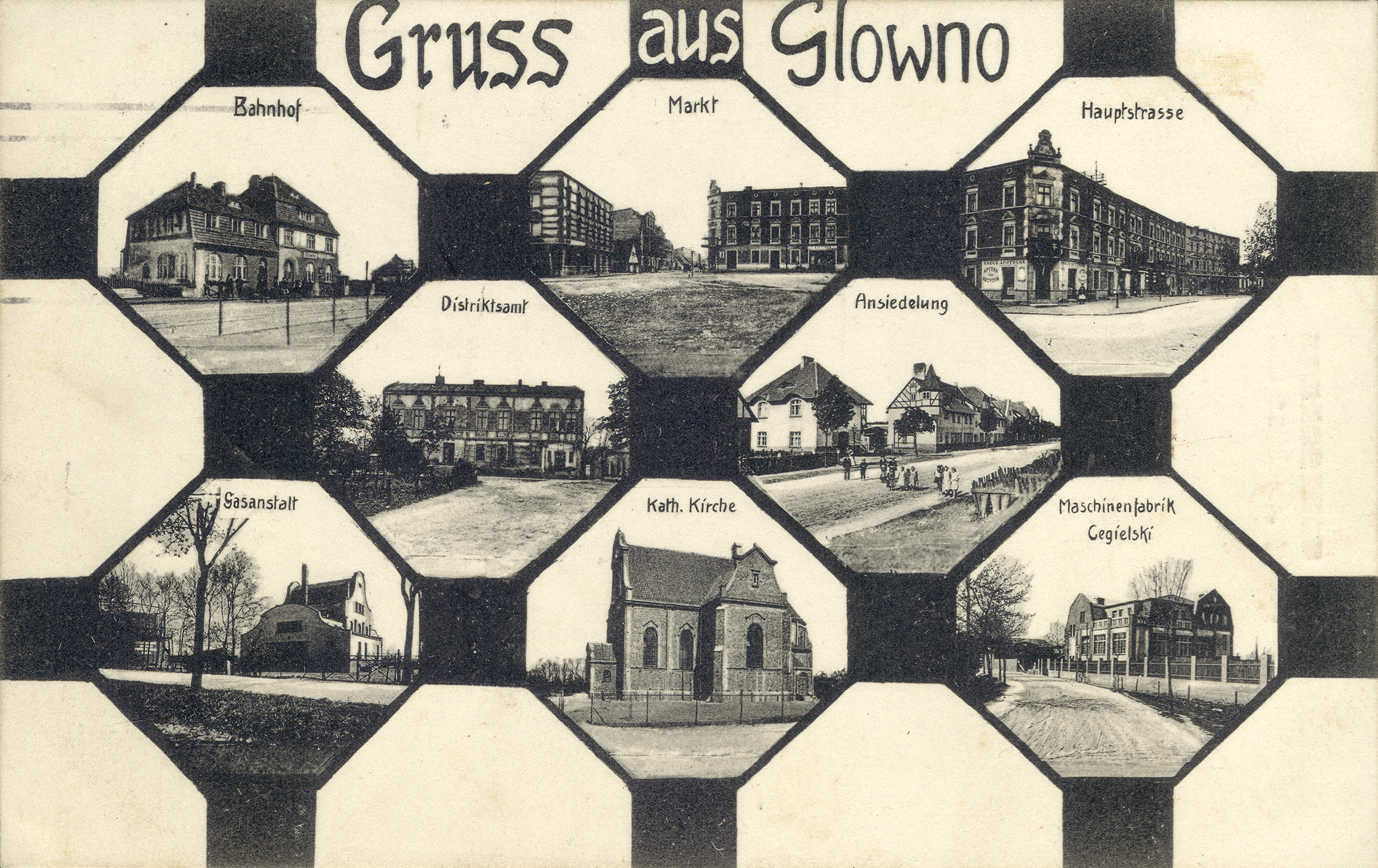 Gruss aus Glowno. Ośmioobrazkowa karta pocztowa z widokami Głównej. [1] Bahnhof (dworzec kolejowy); [2] Markt (Rynek Wschodni); [3] Hauptstrasse (ulica Główna); [4] Distriktsamt; [5] Ansiedelung (kolonia Karlsbunne); [6] Gasanstatl (Gazownia); [7] Kath. Kirche (kościół katolicki); [8] Maschinenfabrik Cegielski (fabryka Cegielskiego). Ze zbiorów Biblioteki Uniwersyteckiej w Poznaniu