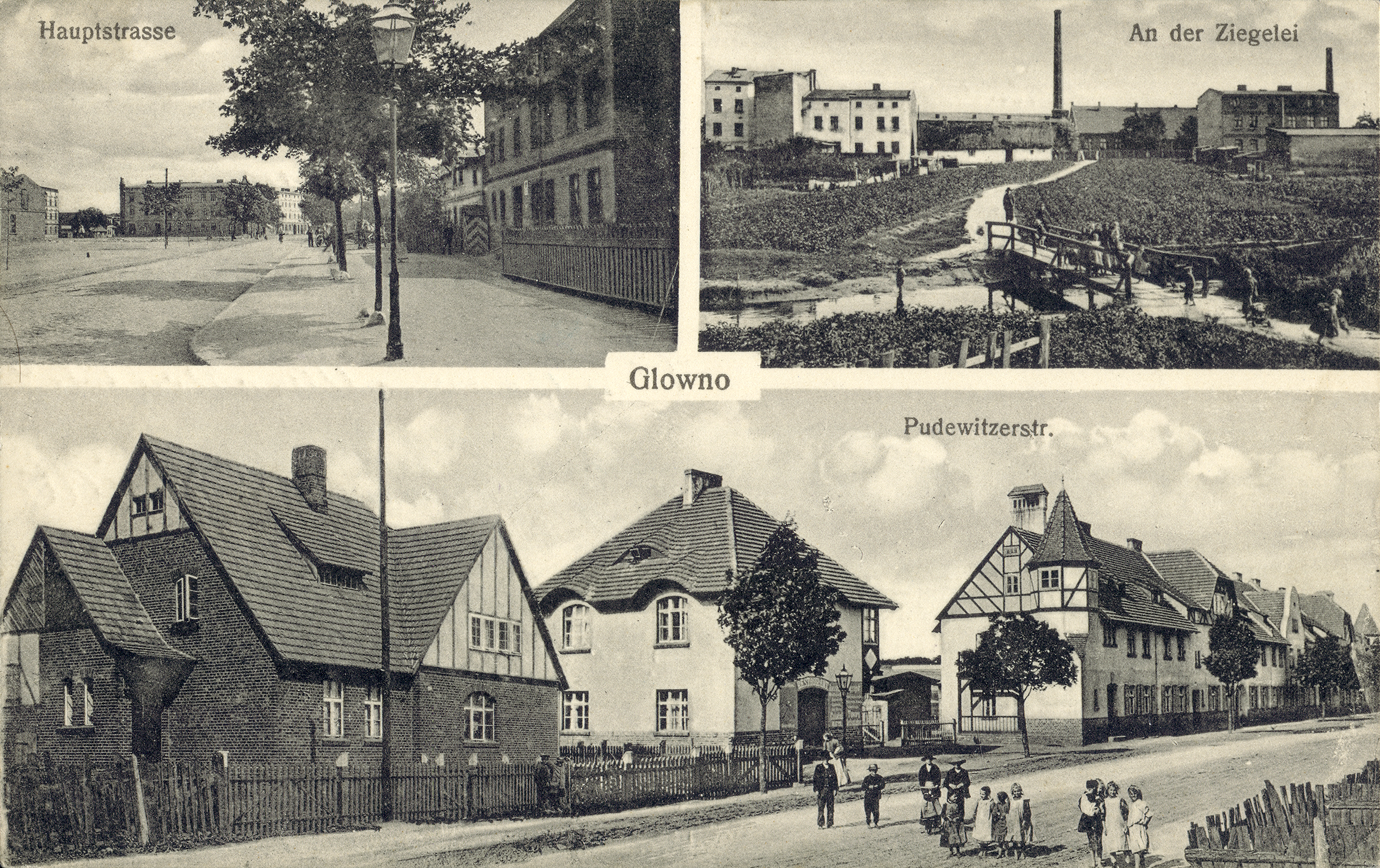 Glowno. Trzyobrazkowa karta pocztowa z widokami Głównej. [1] Hauptstrasse (ulica Główna, po lewej stronie widoczny fragment Rynku Wschodniego); [2] An der Ziegelei (Cegielnia); [3] Pudewitzerstrasse (ul. Pobiedziska, dziś: ulica Gnieźnieńska) – kolonia Karlsbunne. Osiedle zostało wybudowane w 1906 roku z inicjatywy Deutsche Arbeiter-Wohnungsgenossenschaft (Niemiecka Robotnicza Spółdzielnia Mieszkaniowa), pomiędzy Pudewitzerstrasse (ul. Pobiedziską, dziś Gnieźnieńską), a rzeką Główną. Składało się z domów typu willowego dla majstrów i urzędników miejskich oraz podłużnego budynku wielorodzinnego wzdłuż ul. Gnieźnieńskiej, przeznaczonego dla robotników. W 1919 roku osiedle zostało zakupione przez Zakłady Cegielskiego. Ze zbiorów Biblioteki Uniwersyteckiej w Poznaniu