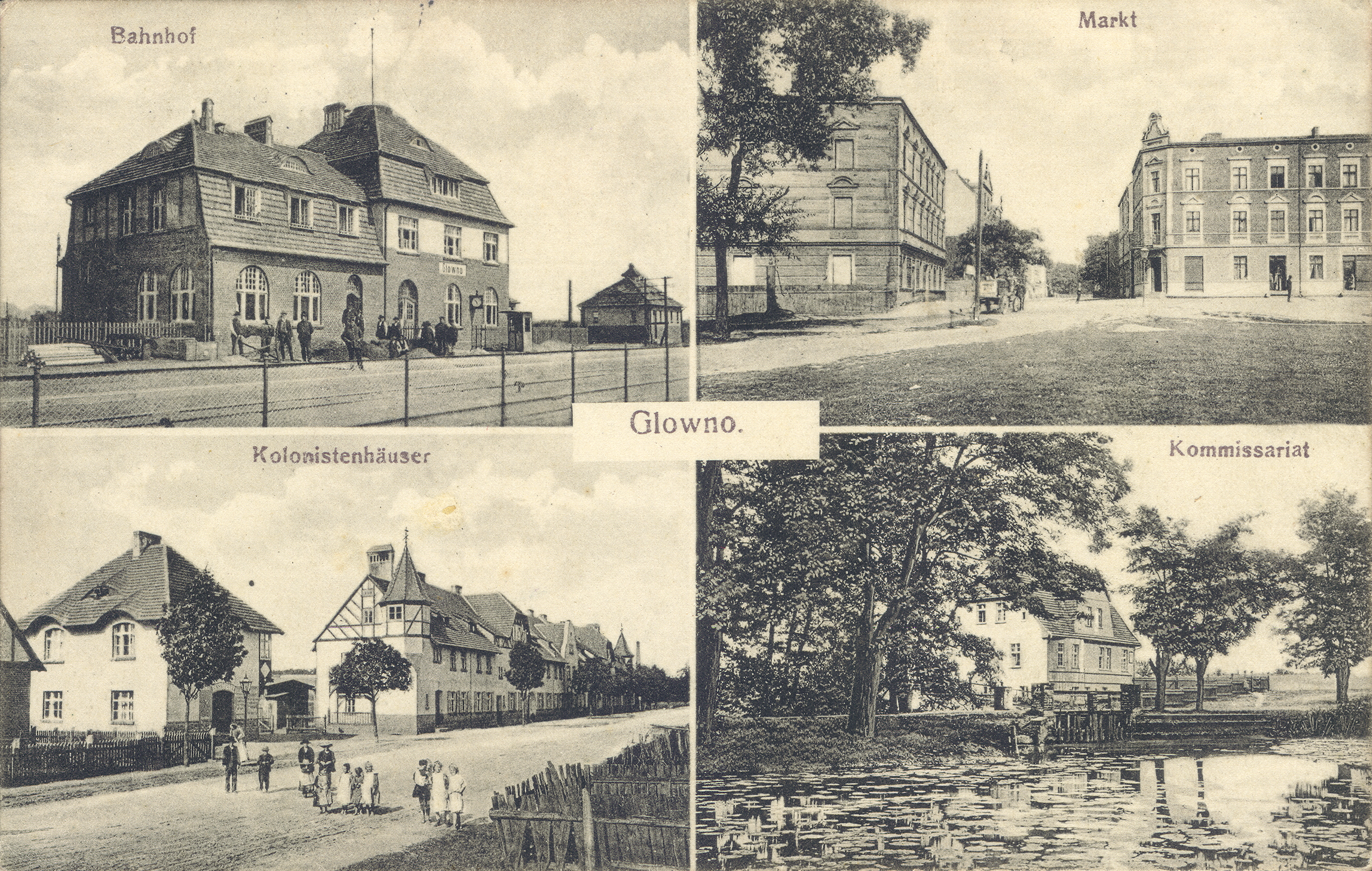 Glowno. Czteroobrazkowa karta pocztowa z widokami Głównej. [1] Bahnhof – dworzec kolejowy Glowno (dziś Poznań Wschód); [2] Markt – Rynek Wschodni, na drugim planie ulica Średnia, po lewej dom rodziny Pflaumów przy Mittelstrasse 1 (dziś: ul. Średnia); [3] Kolonistenhäuser – Kolonia Karlsbunne przy ul. Gnieźnieńskiej. Osiedle zostało wybudowane w 1906 roku z inicjatywy Deutsche Arbeiter-Wohnungsgenossenschaft (Niemiecka Robotnicza Spółdzielnia Mieszkaniowa), pomiędzy Pudewitzerstrasse (ul. Pobiedziską, dziś Gnieźnieńską), a rzeką Główną. Składało się z domów typu willowego dla majstrów i urzędników miejskich oraz podłużnego budynku wielorodzinnego wzdłuż ul. Gnieźnieńskiej, przeznaczonego dla robotników. W 1919 roku osiedle zostało zakupione przez Zakłady Cegielskiego; [4] Komissariat – tzw. 