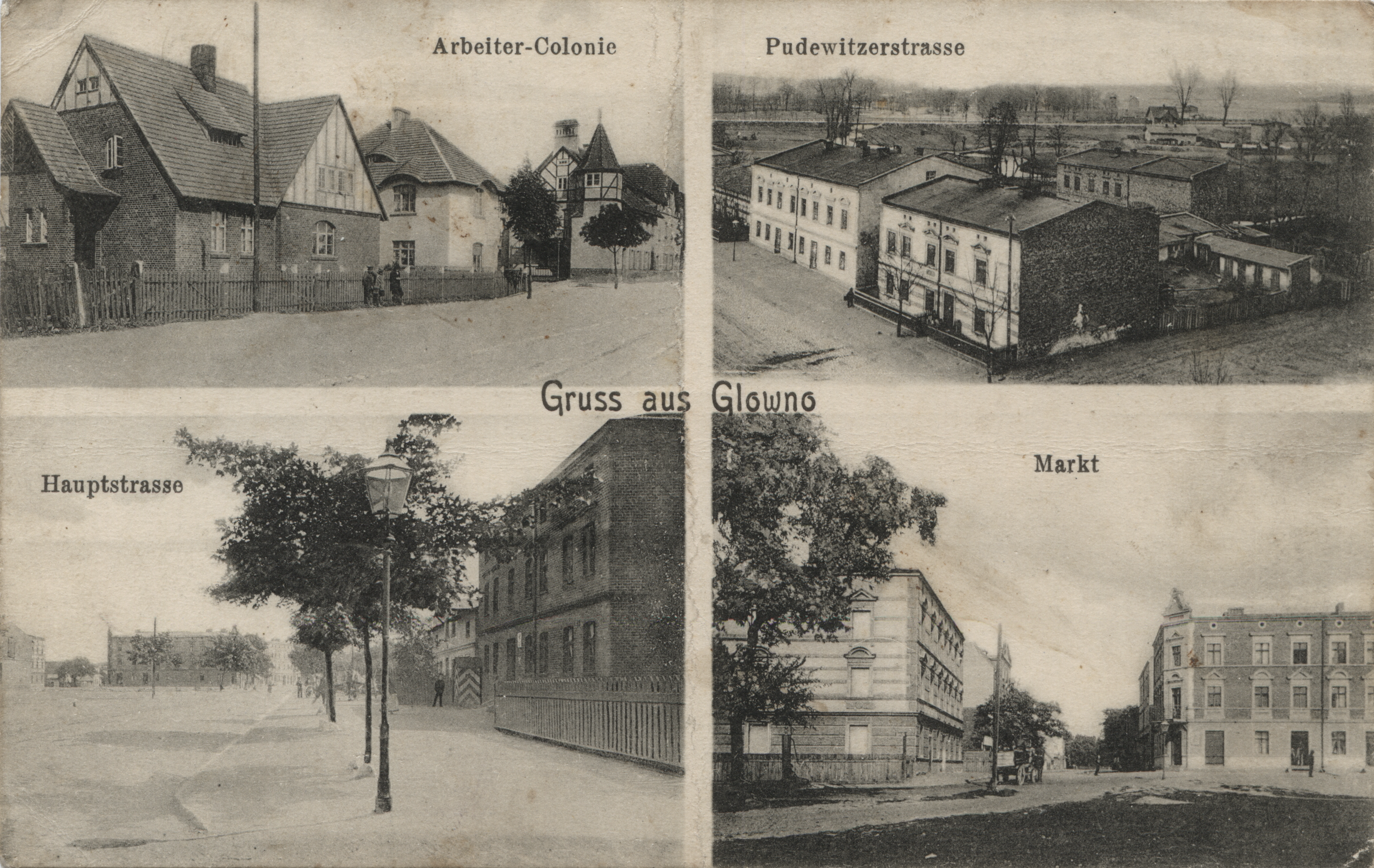 Gruss aus Glowno. Czteroobrazkowa karta pocztowa z widokami Głównej. [1] Arbeiter-Colonie – Kolonia Karlsbunne przy ul. Gnieźnieńskiej. Osiedle zostało wybudowane w 1906 roku z inicjatywy Deutsche Arbeiter-Wohnungsgenossenschaft (Niemiecka Robotnicza Spółdzielnia Mieszkaniowa), pomiędzy Pudewitzerstrasse (ul. Pobiedziską, dziś Gnieźnieńską), a rzeką Główną. Składało się z domów typu willowego dla majstrów i urzędników miejskich oraz podłużnego budynku wielorodzinnego wzdłuż ul. Gnieźnieńskiej, przeznaczonego dla robotników. W 1919 roku osiedle zostało zakupione przez Zakłady Cegielskiego; [2] Pudewitzerstrasse – ulica Pobiedziska (dziś ulica Gnieźnieńska); [3] Hauptstrasse – ulica Główna, po lewej stronie widoczny fragment Rynku Wschodniego; [4] Markt – Rynek Wschodni, na drugim planie ulica Średnia, po lewej dom rodziny Pflaumów przy Mittelstrasse 1 (dziś: ul. Średnia). Ze zbiorów Biblioteki Uniwersyteckiej w Poznaniu