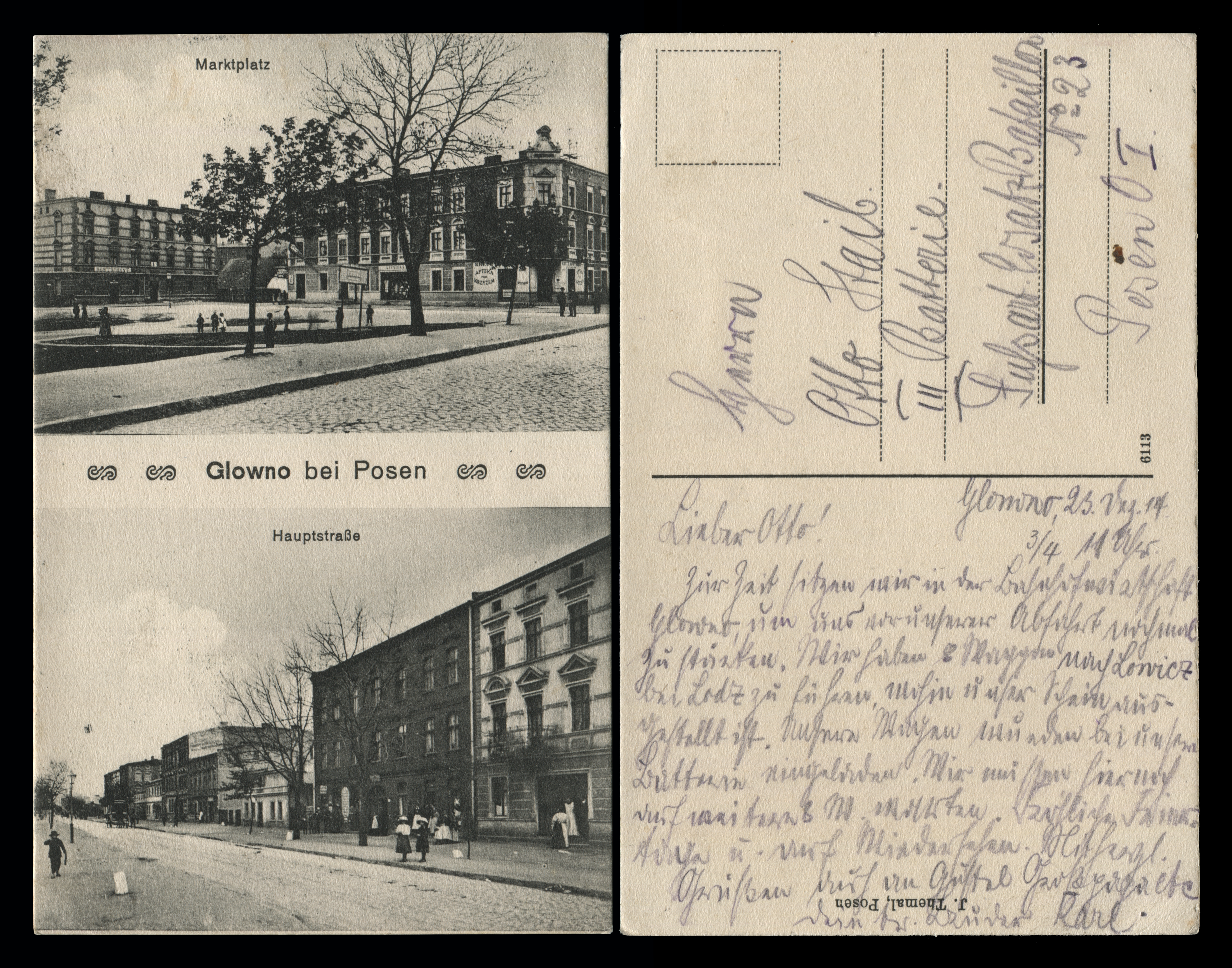 Glowno bei Posen: Marktplatz, Hauptstraße. J. Themal, ok. 1914 roku. Dwuobrazkowa karta pocztowa z widokami Głównej – przedmieścia Poznania na prawym brzegu Warty położonego na północny wschód od Śródki. [1] Północny fragment Rynku (dziś: Rynek Wschodni) na Głównej – po lewej dom rodziny Pflaumów przy Mittelstrasse 1 (dziś: ul. Średnia) z szyldem restauracji, po prawej – dom Władysława Matczyńskiego przy Hauptstrasse 19 (dziś: ul Główna 35 – nie istnieje) z „Apteką pod Krzyżem” dr O. Dreschera; [2] Południowa pierzeja Hauptstrasse (dziś: ul. Główna) – widok z wysokości domu nr 115 (po prawej) w kierunku wschodnim. Ze zbiorów Biblioteki Uniwersyteckiej w Poznaniu.