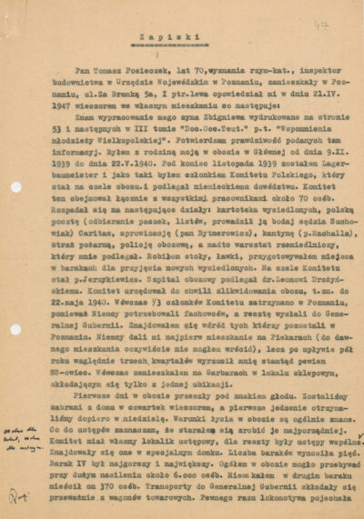 Materiał dot. przeżyć mieszkańców Poznania podczas okupacji hitlerowskiej